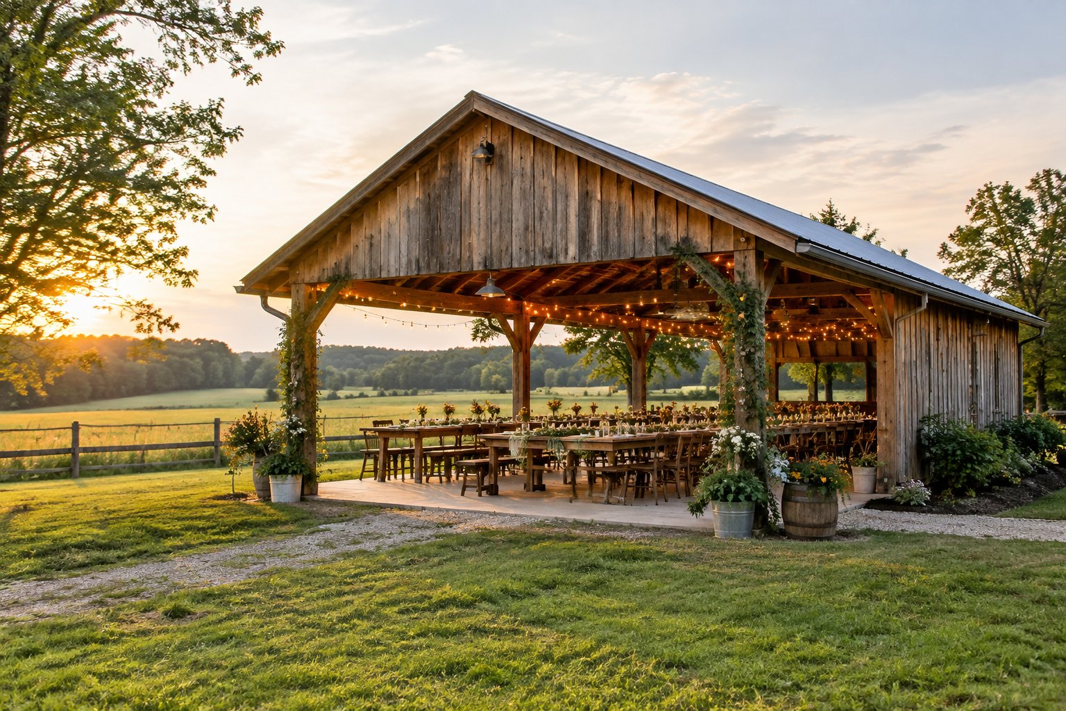 A simple barn venue set up for an outdoor wedding reception in a countryside field.