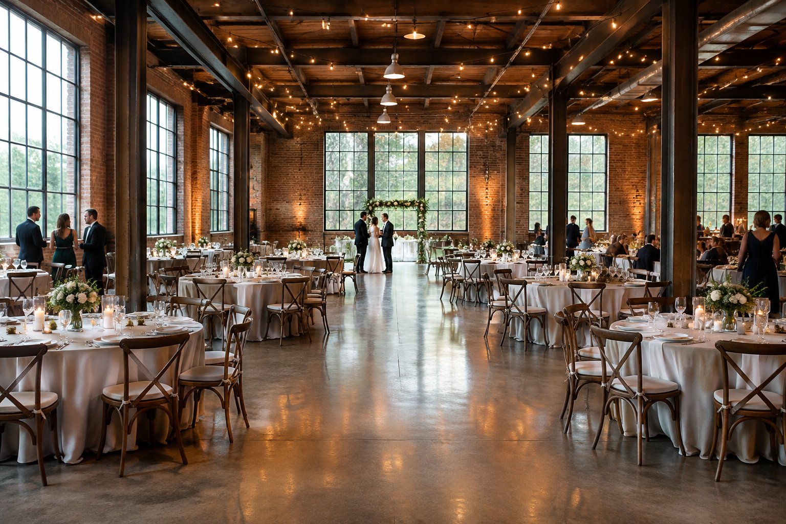 A wedding reception arranged with round tables inside a spacious brick industrial venue.