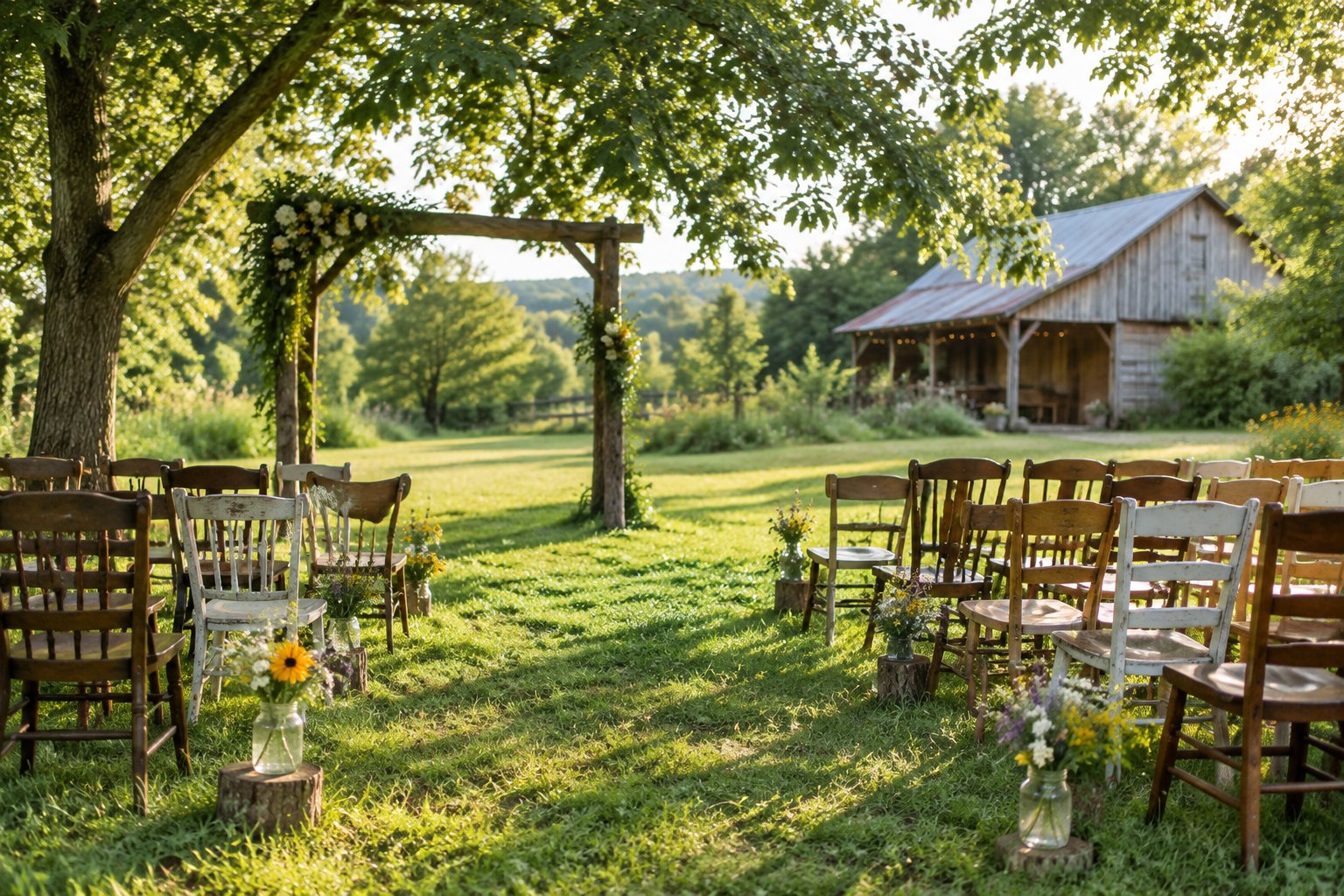 A simple wedding ceremony setup on a grassy lawn beneath trees, with wooden chairs and a small arbor.