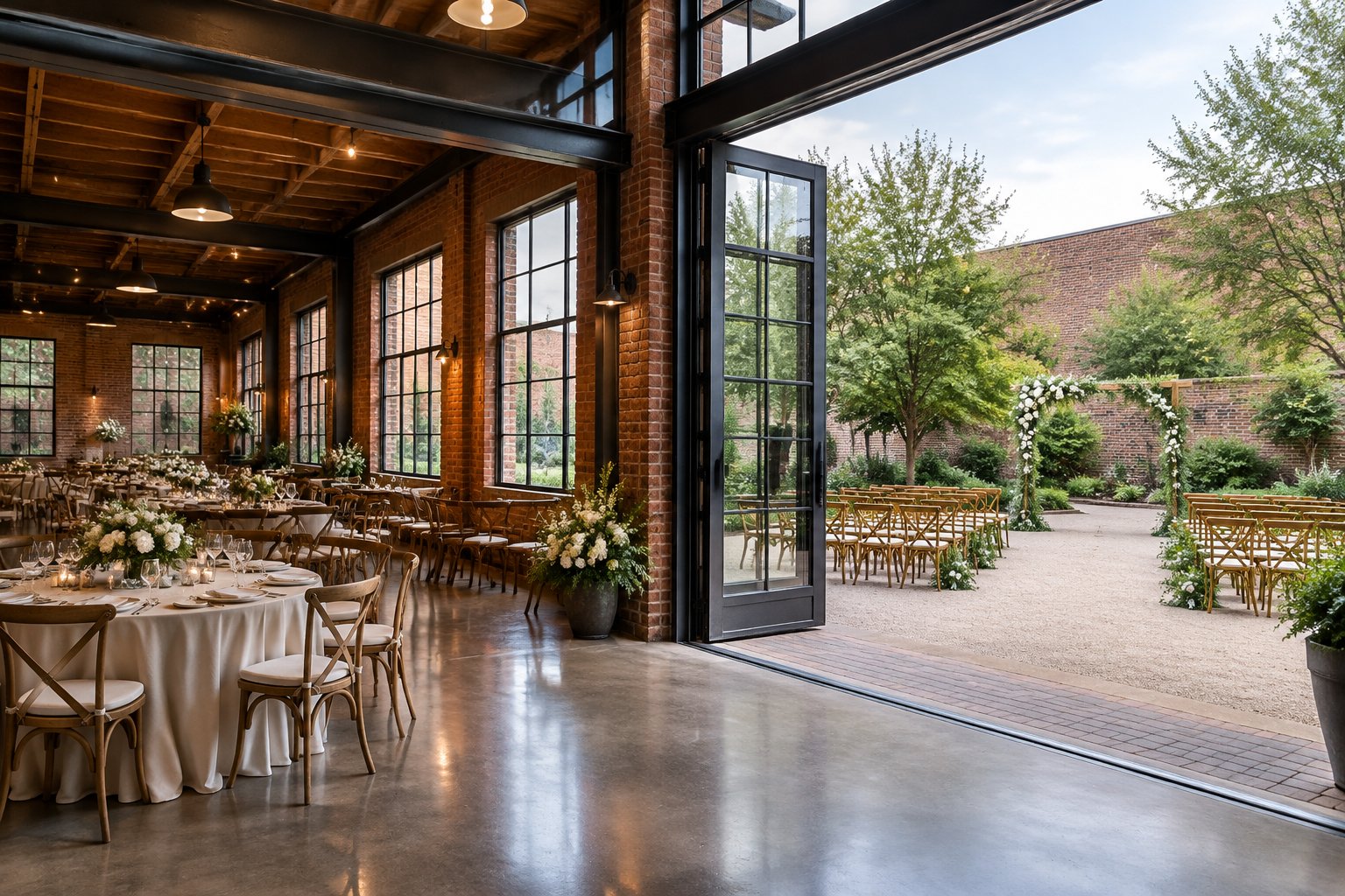 An industrial wedding venue with a decorated indoor reception area opening onto a green outdoor ceremony space.