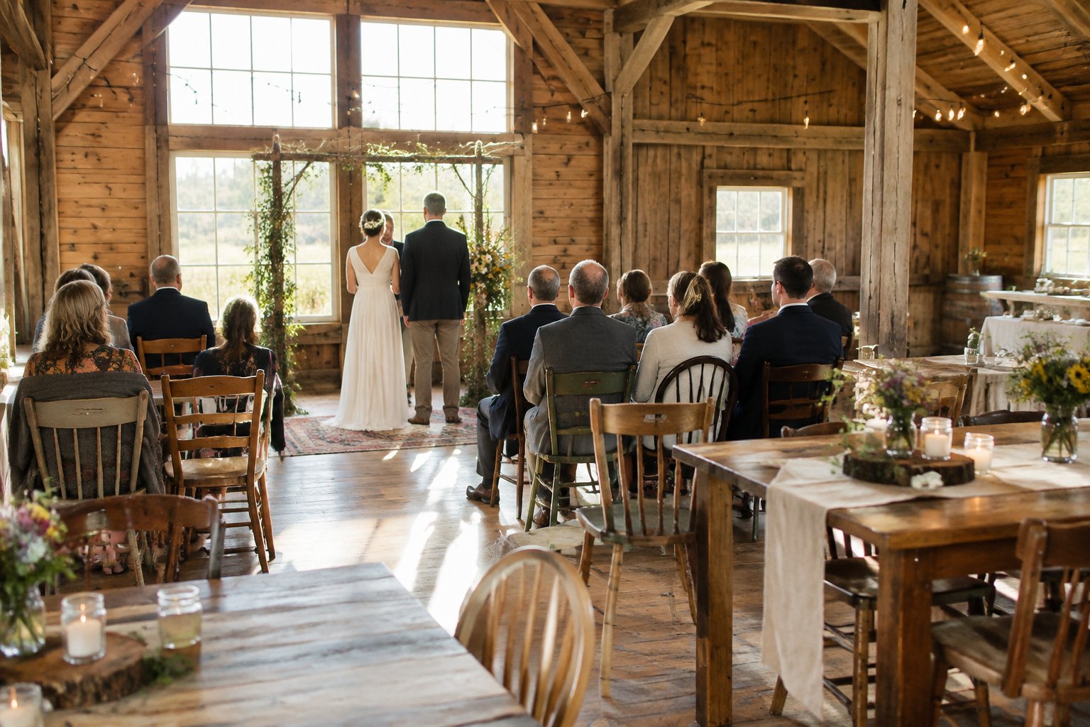 A couple celebrates their wedding with guests in a rustic indoor hall.