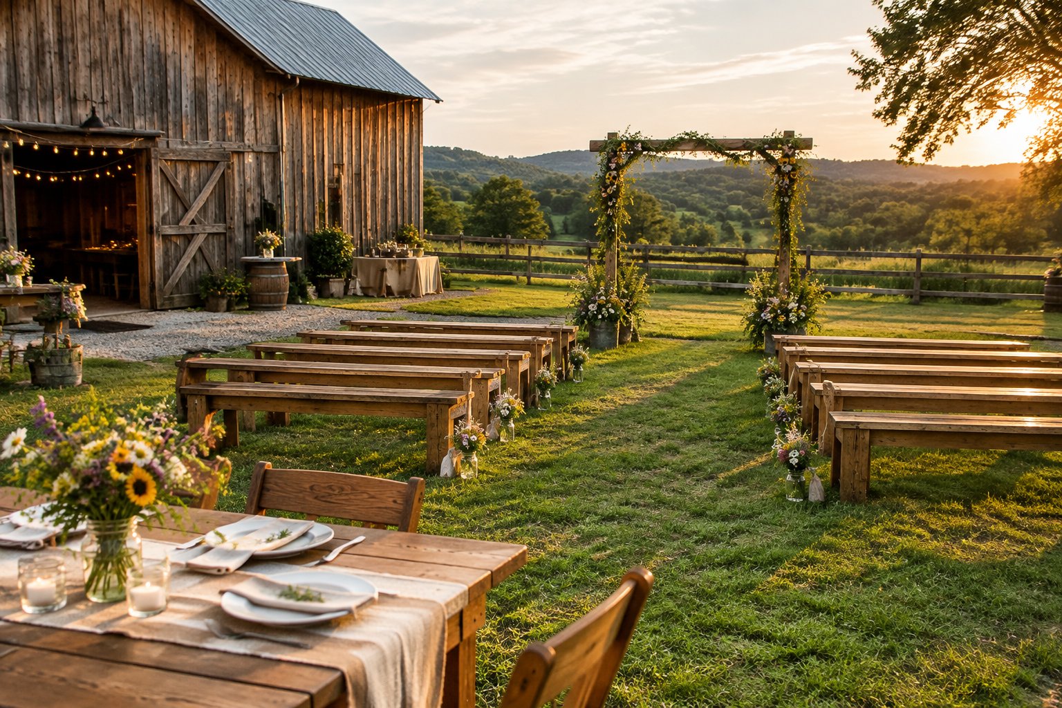 A simple wedding ceremony setup beside a rustic barn in a countryside setting.