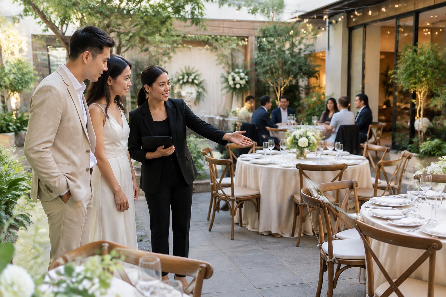 A couple and venue coordinator review seating at a small wedding reception.