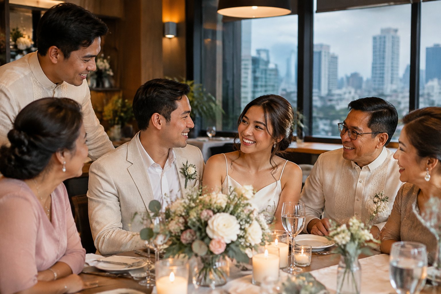 A newlywed couple celebrates with family and friends at a small restaurant reception.