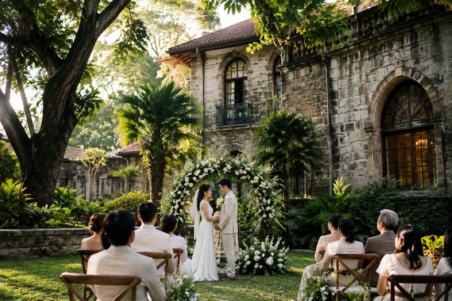 A couple stands beneath a floral arch in a leafy heritage courtyard as guests watch.