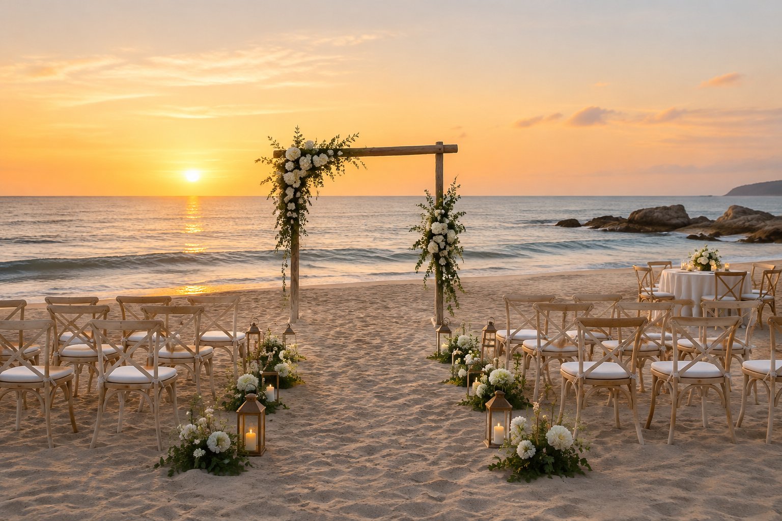 A small wedding ceremony setup on a sandy beach beside the ocean.