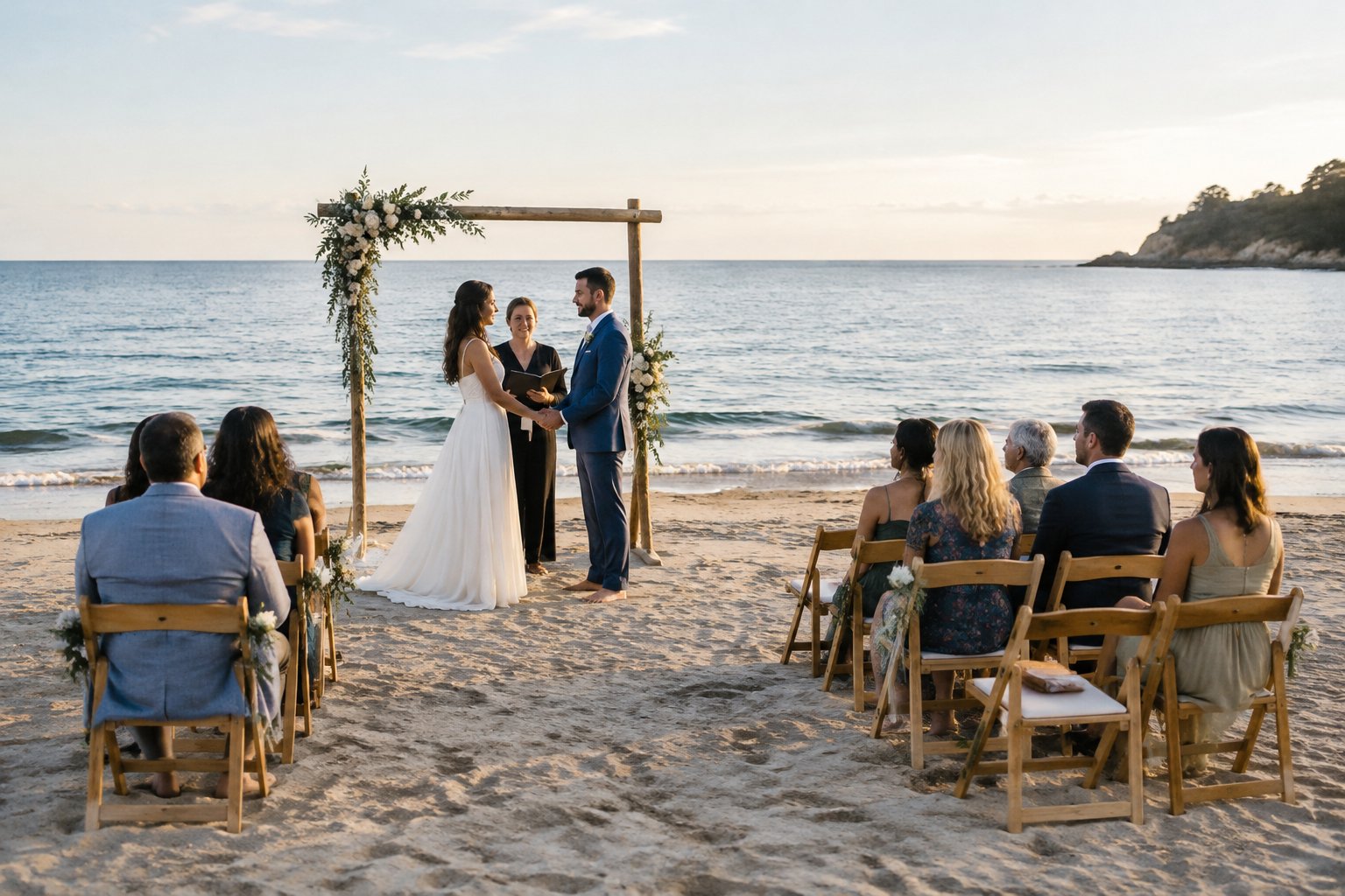 A couple exchanges vows before a small group of guests on a beach beside the ocean.