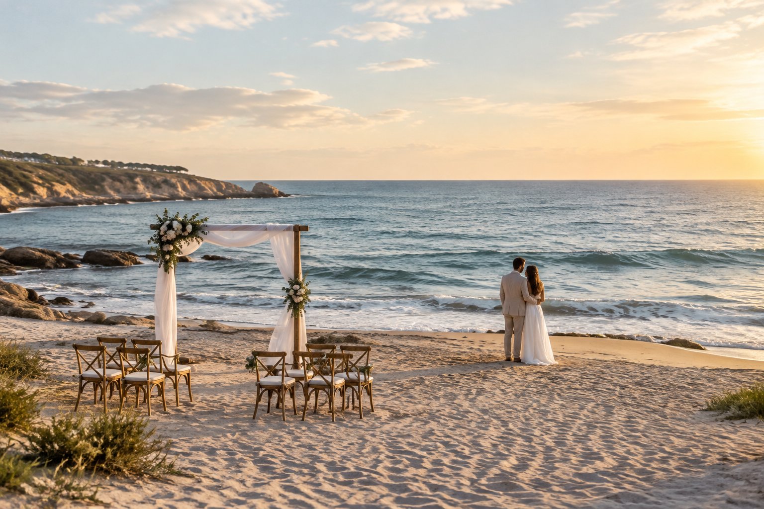 A couple stands beside a small wedding ceremony setup on a beach overlooking the ocean.