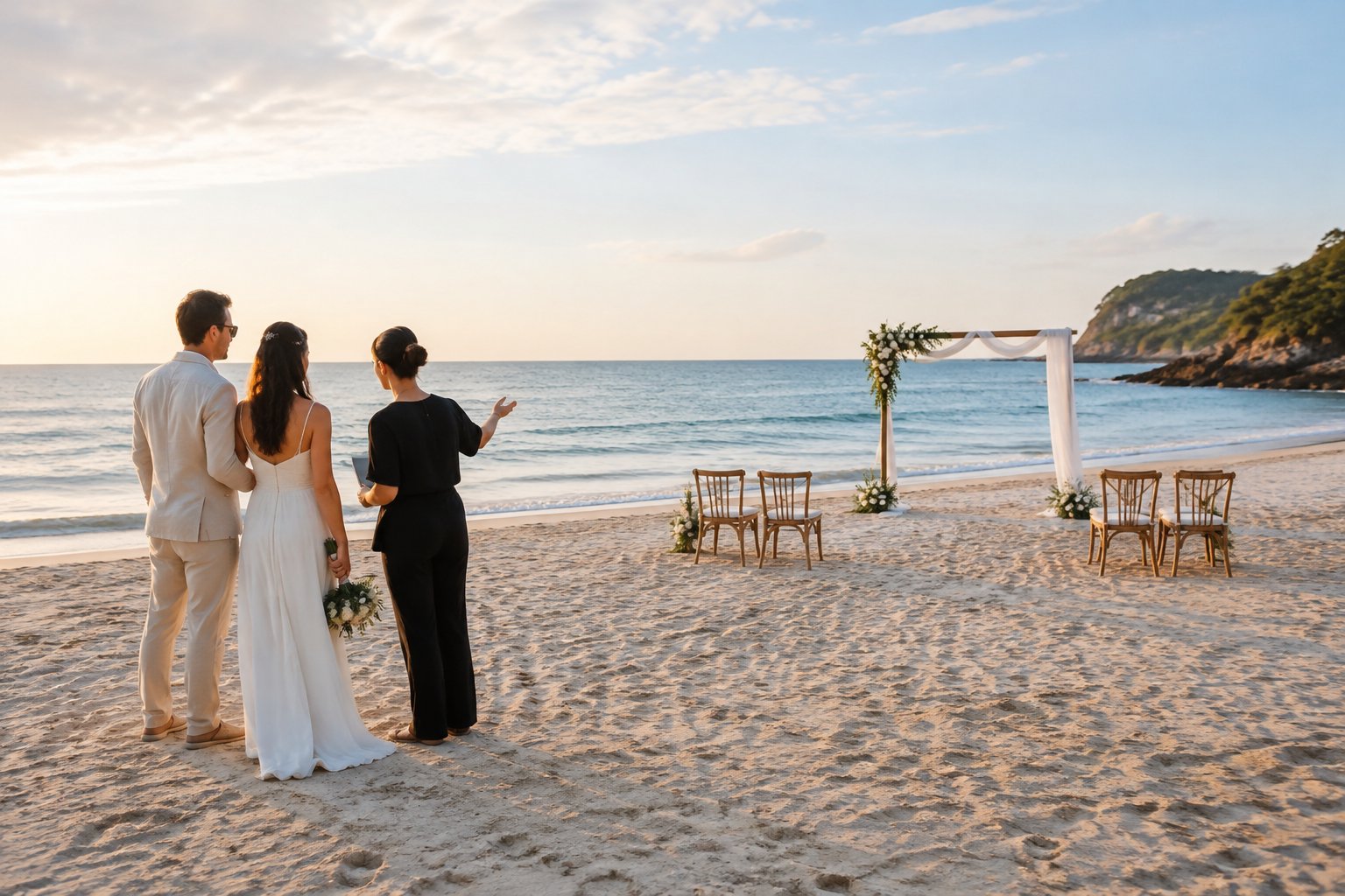 A couple and wedding planner consider a small ceremony setup on a secluded beach.