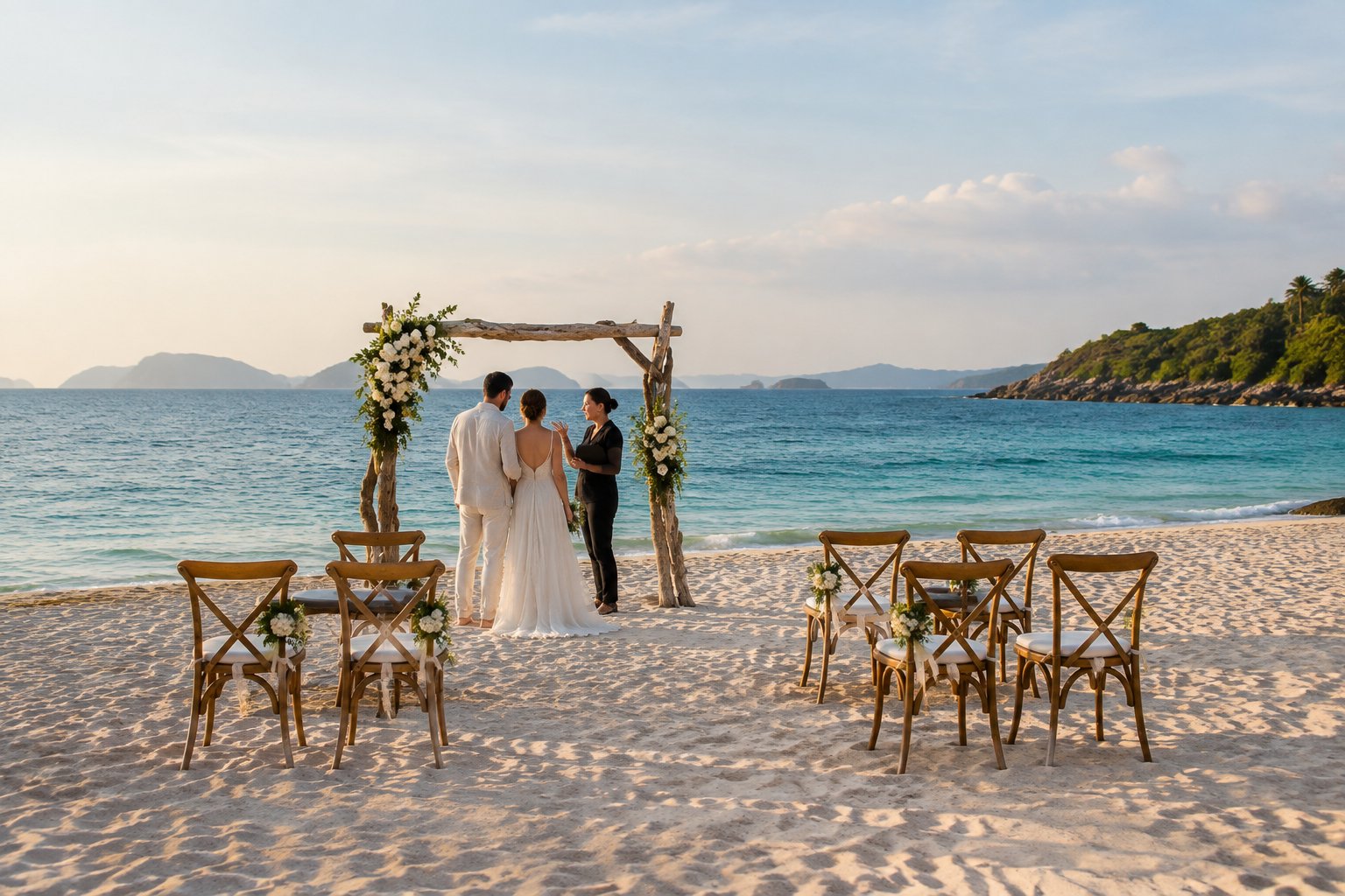 A couple and venue coordinator prepare a small wedding ceremony on a quiet beach.