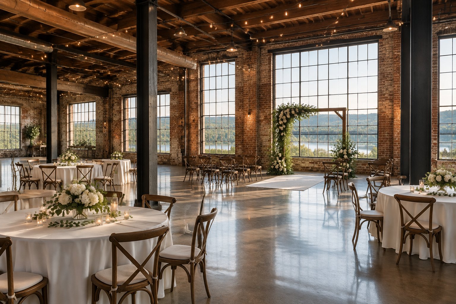 A brick warehouse wedding venue with decorated tables and a small ceremony area.