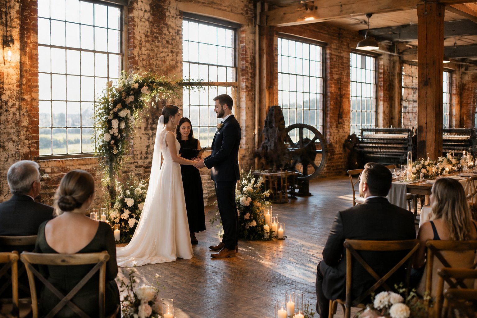 A couple exchanges vows in a historic mill surrounded by seated wedding guests.