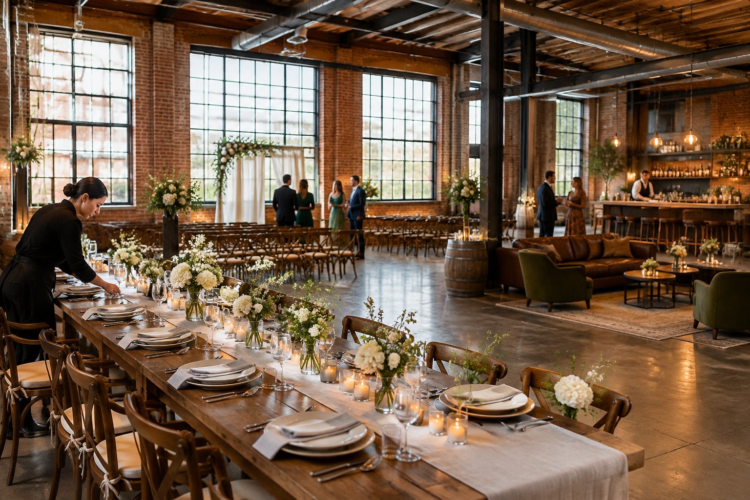 A wedding reception set inside a brick industrial venue, with guests, tables, and a ceremony area.