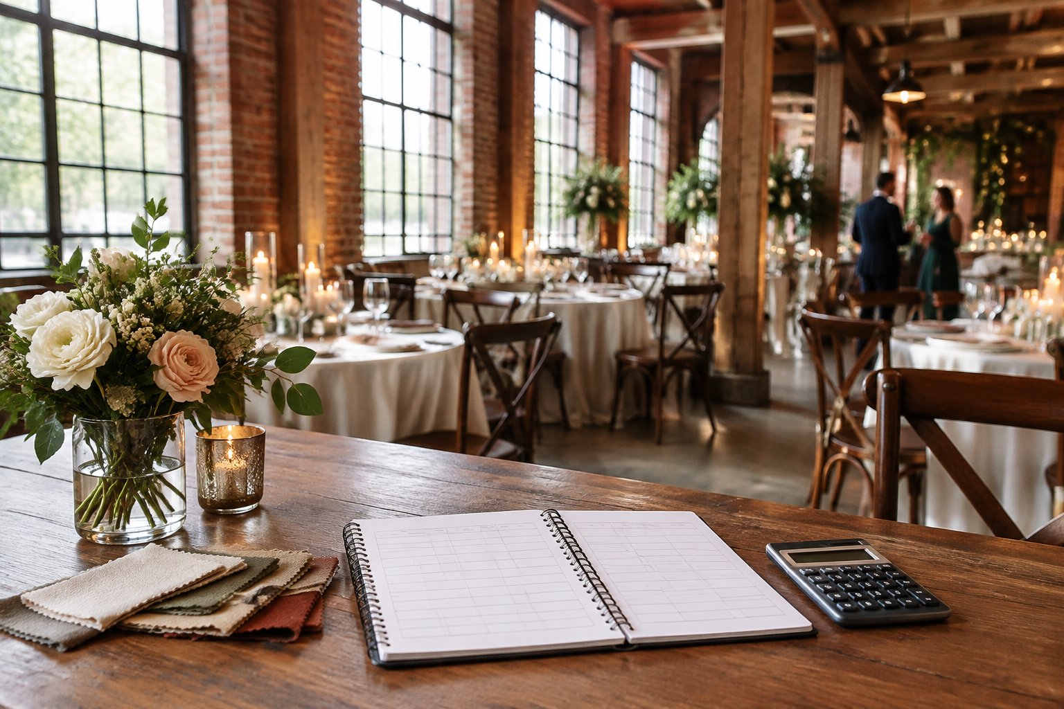 A wedding reception in a brick mill venue with a budget ledger and calculator on a nearby table.