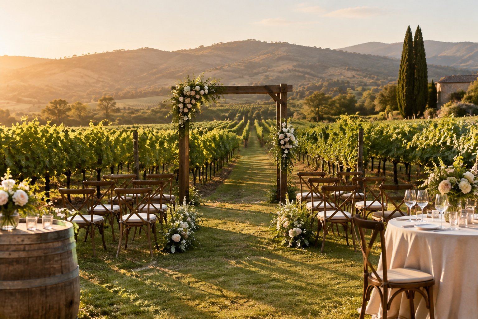 A small wedding ceremony setup among Napa Valley grapevines.