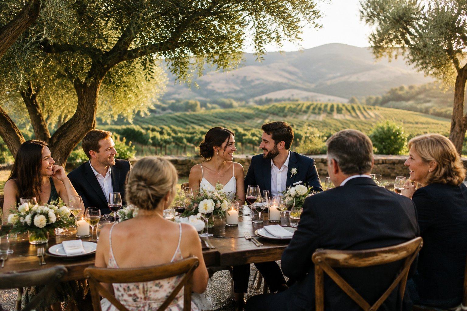 A couple celebrates with a small group at an outdoor dinner table beside Napa Valley vineyards.