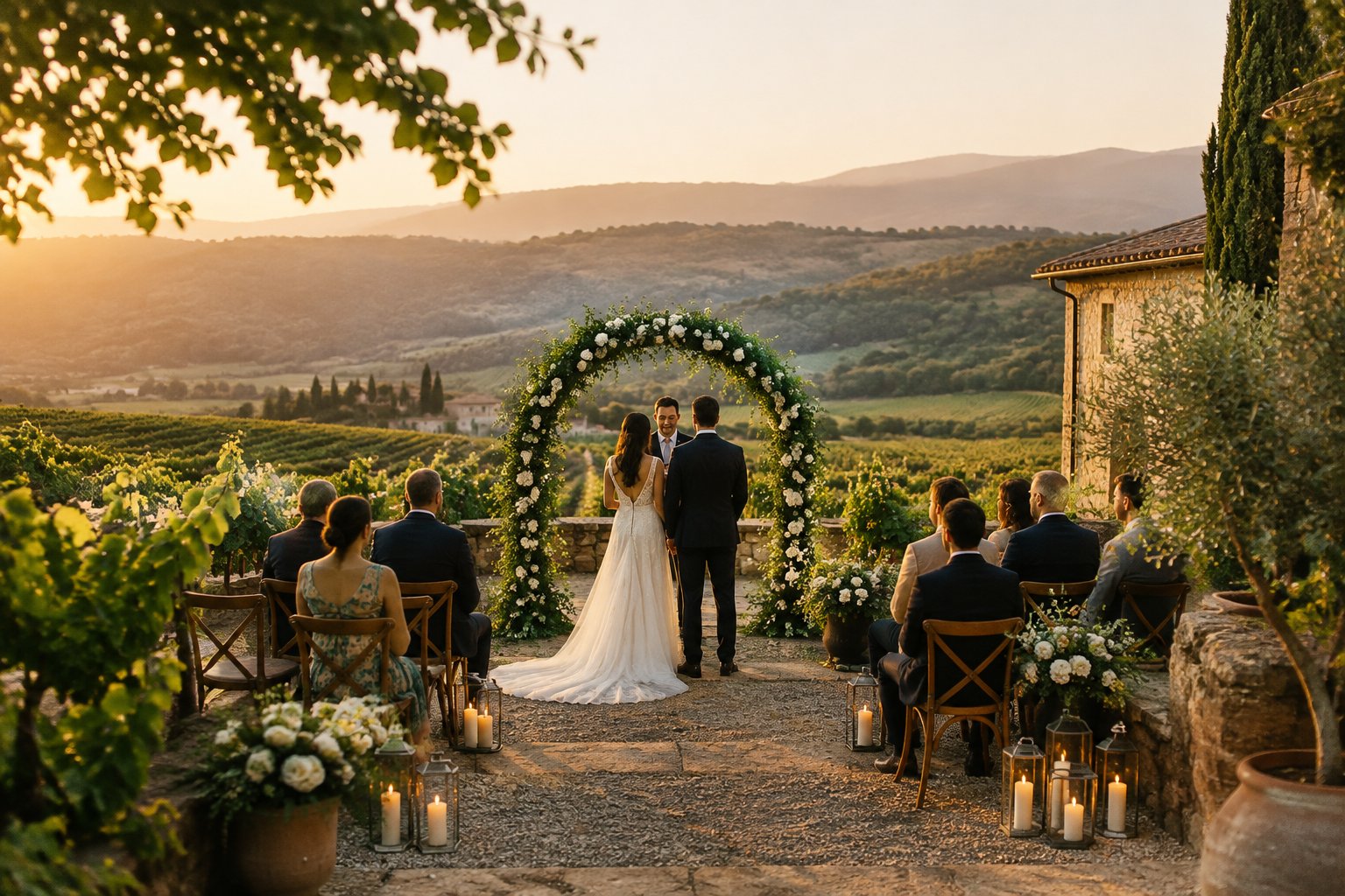 A small wedding ceremony in a vineyard courtyard with hills in the background.