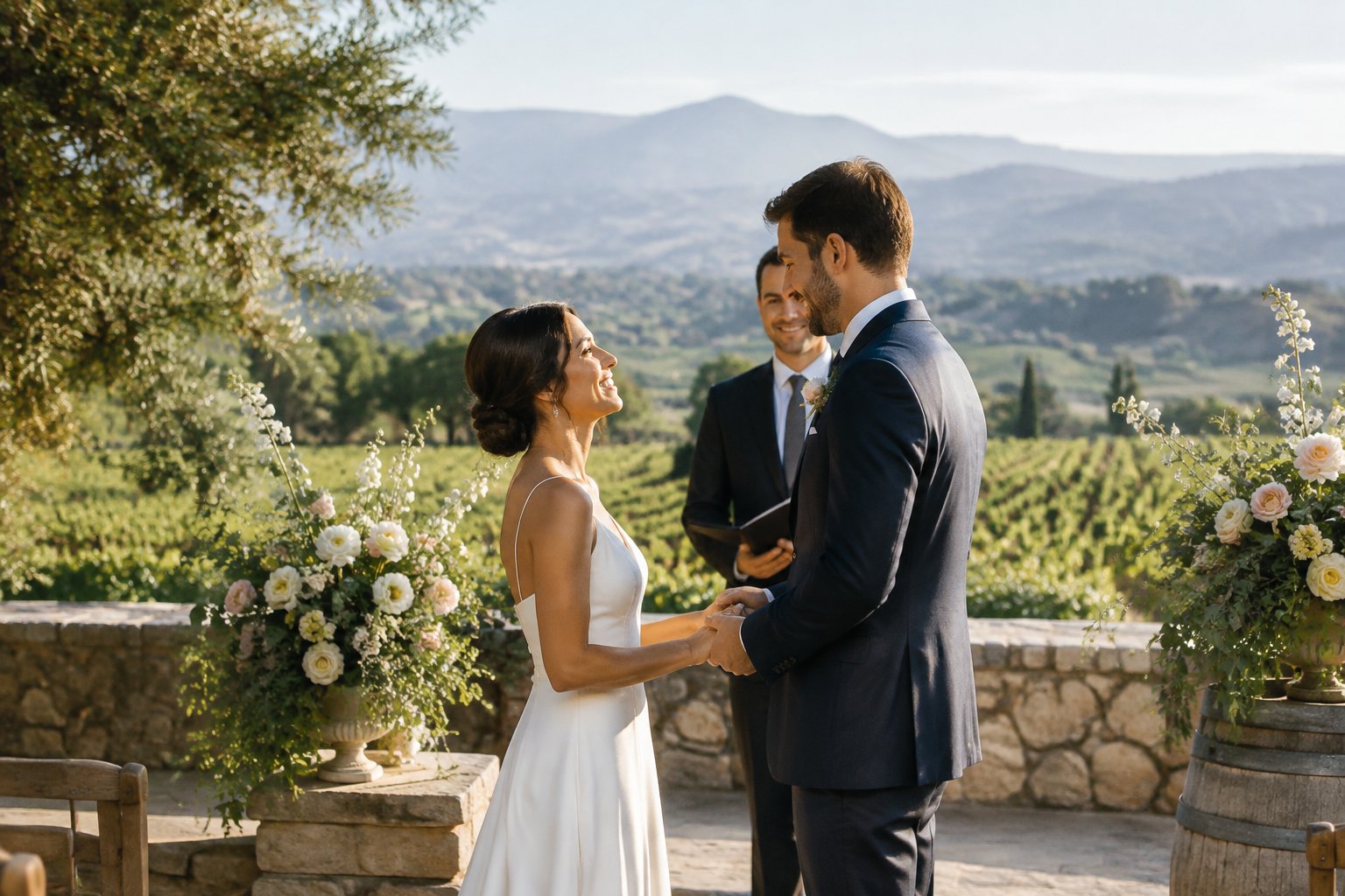 A couple shares a wedding moment in a vineyard garden.