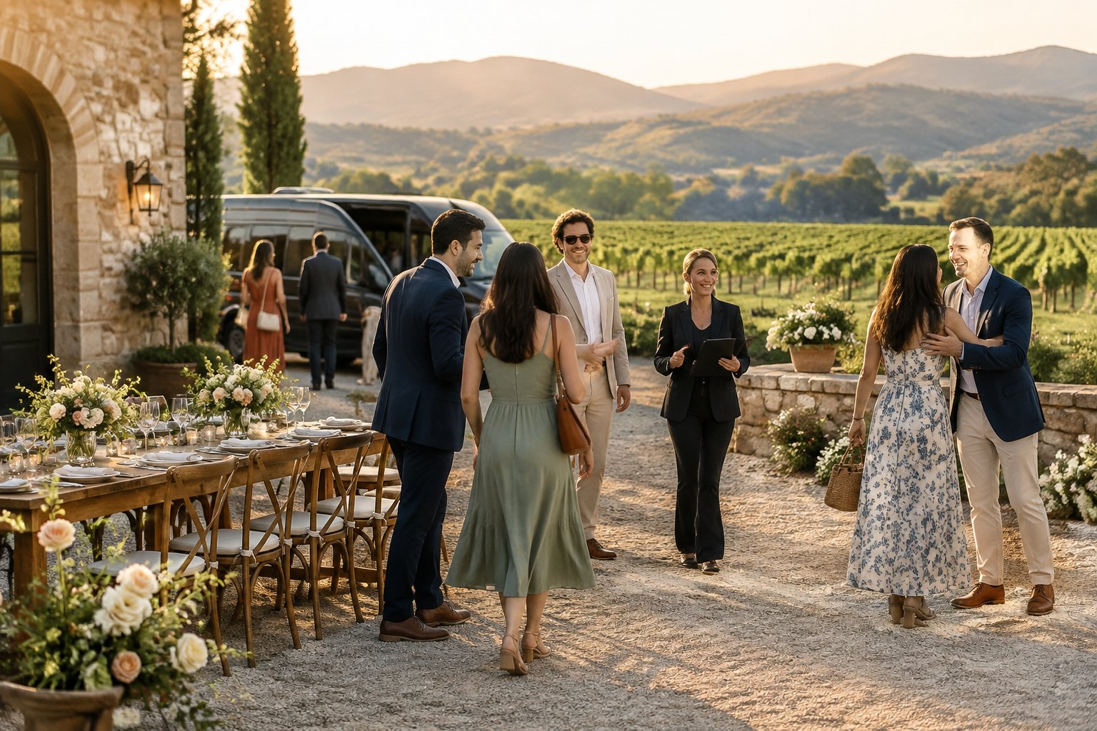 Wedding guests gather in a vineyard courtyard in Napa Valley.
