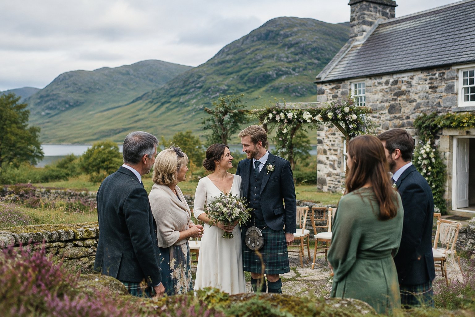 A couple celebrates with guests outside a stone wedding venue in the Scottish countryside.
