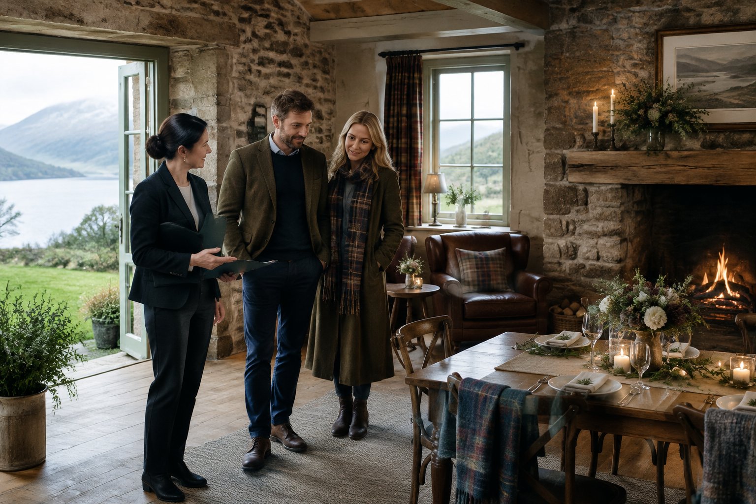 A couple and a venue coordinator explore a cozy stone wedding venue overlooking the Scottish Highlands.