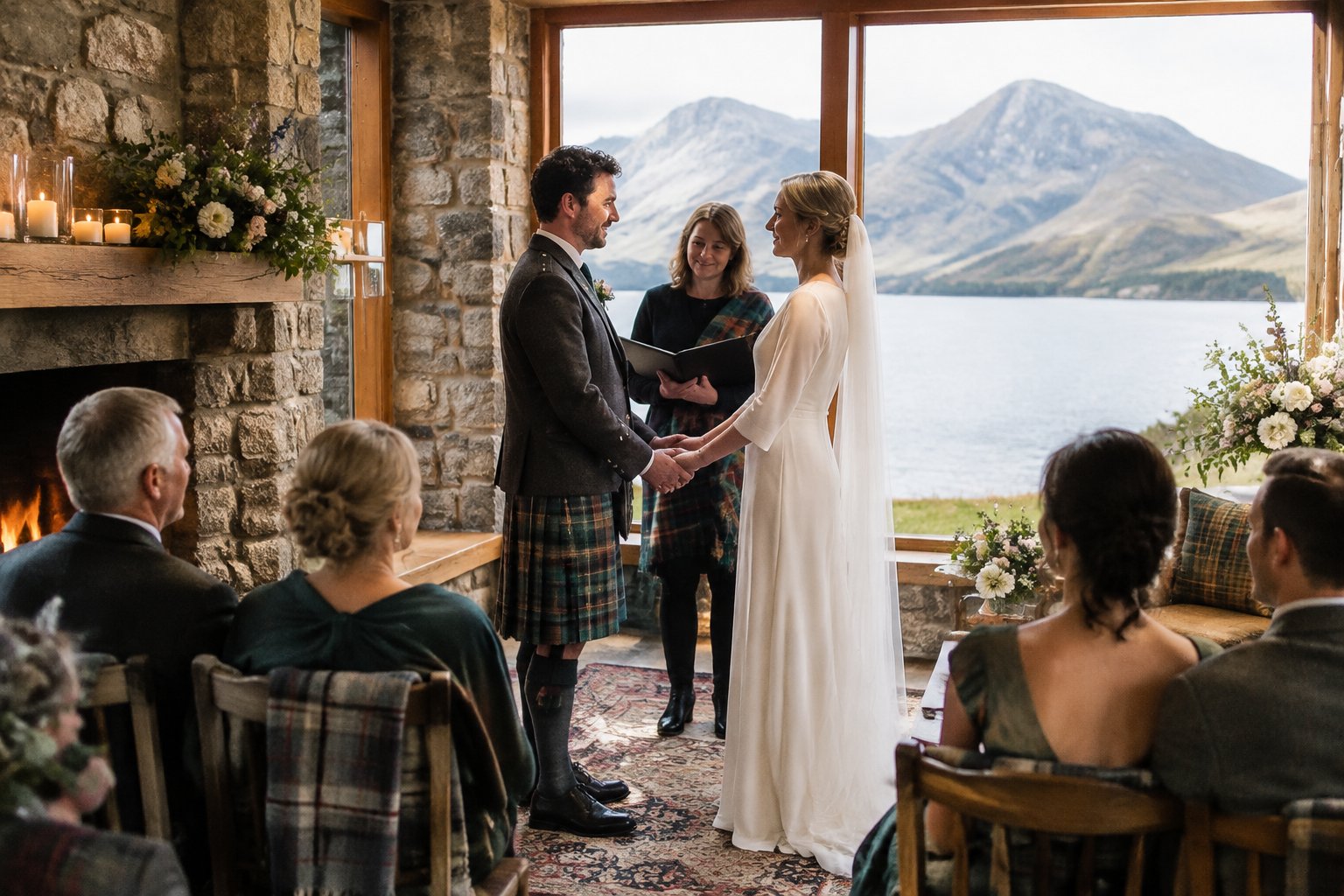 A couple exchanges vows before a small group in a Highland lodge overlooking mountains and a loch.