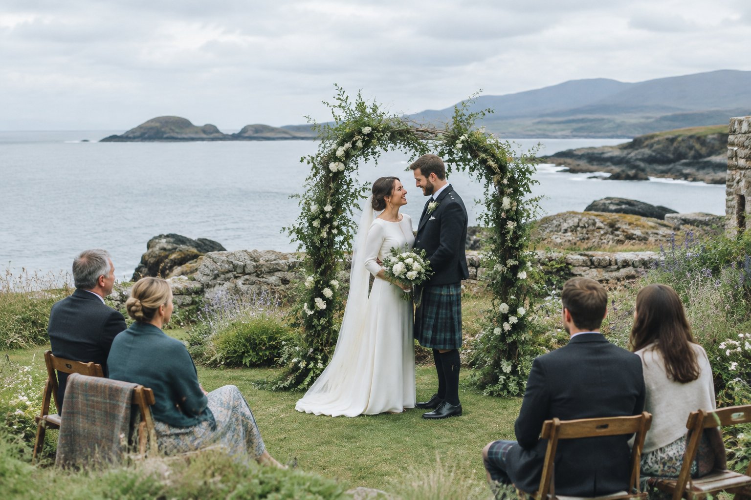 A newly married couple celebrates with a small group of guests in a coastal garden.