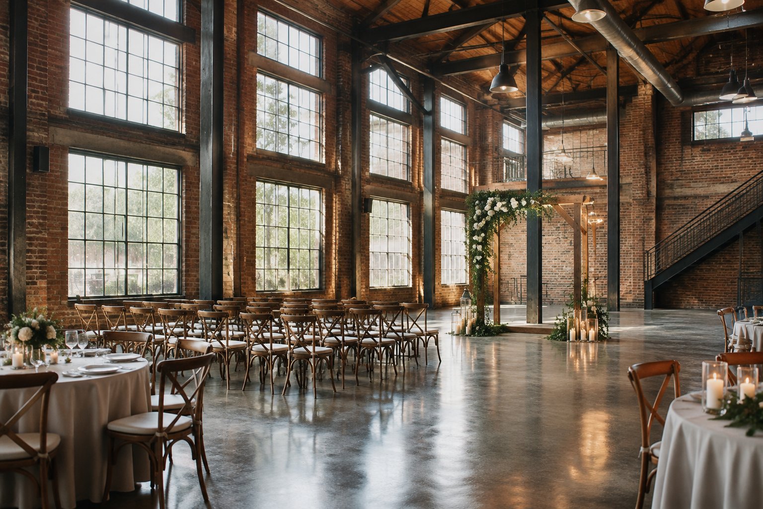 A wedding ceremony setup inside a converted industrial venue.