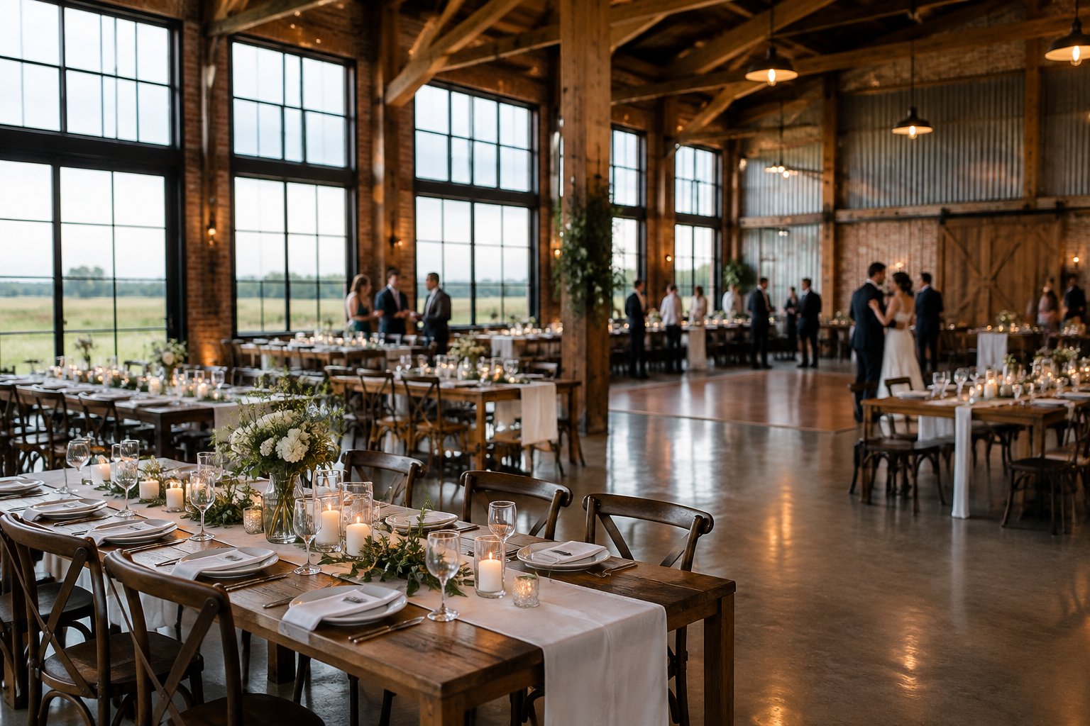 A wedding reception set inside a spacious industrial-style venue.