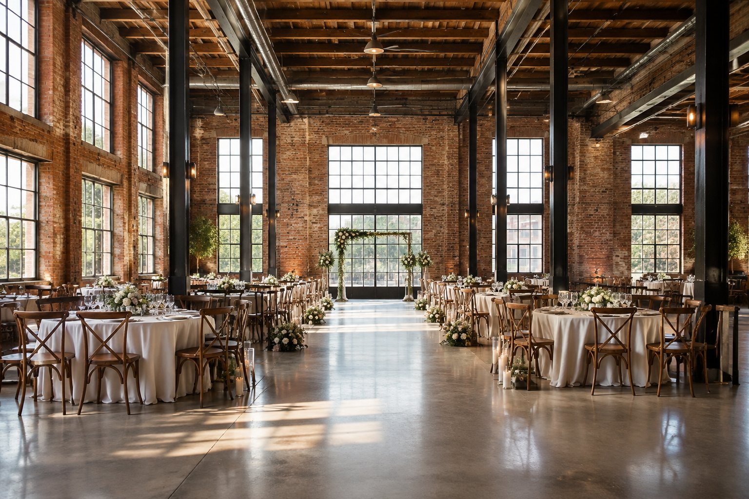A wedding reception set up inside a spacious brick-and-steel venue.