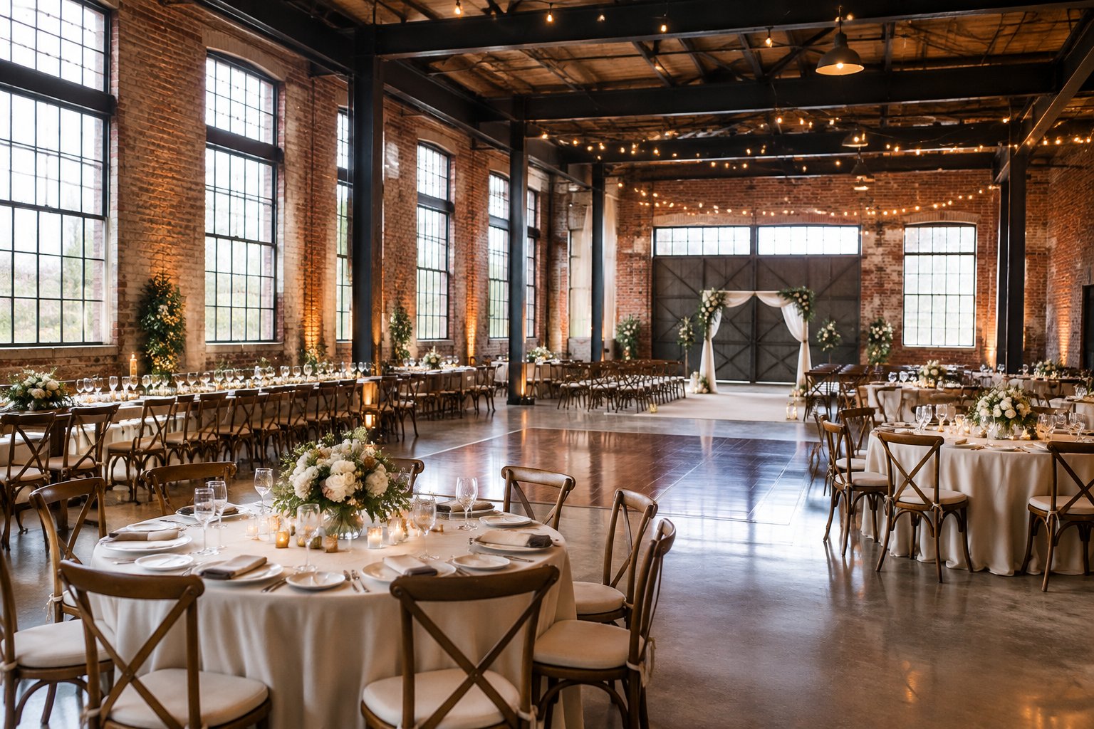 A wedding reception arranged inside a brick industrial venue with exposed beams and tall windows.