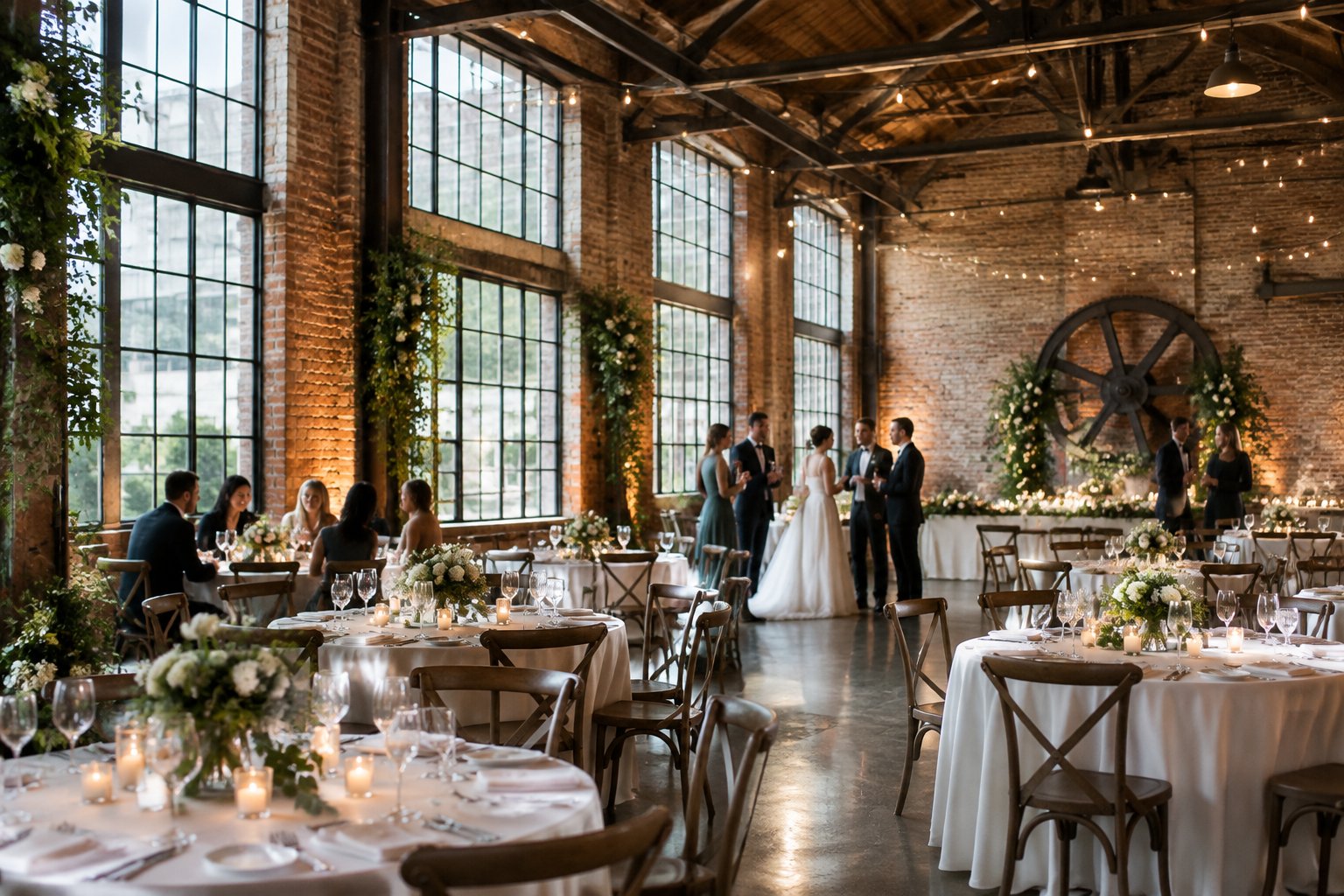 Guests gather around decorated tables inside a converted industrial wedding venue.