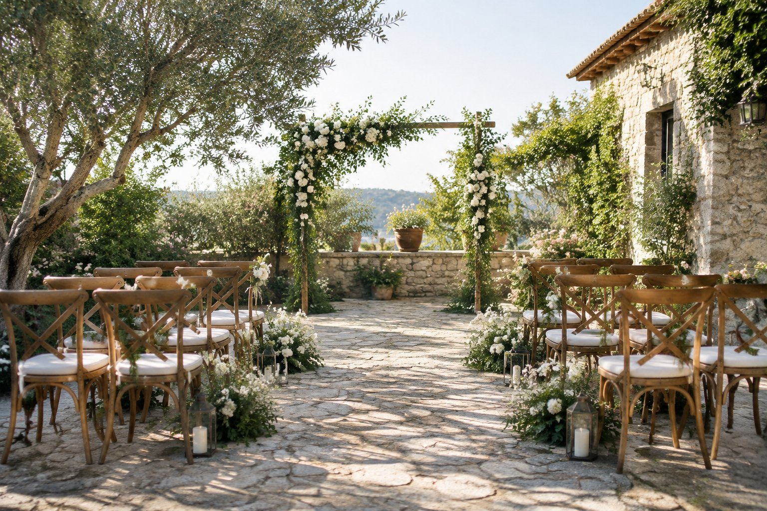 An empty garden courtyard set up for an intimate wedding ceremony.