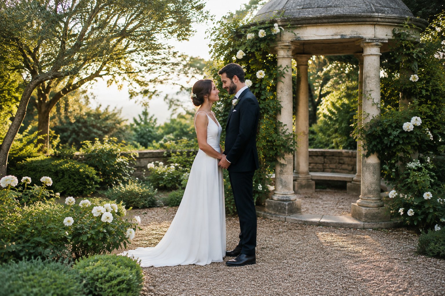 A couple exchanges vows alone in a secluded garden.