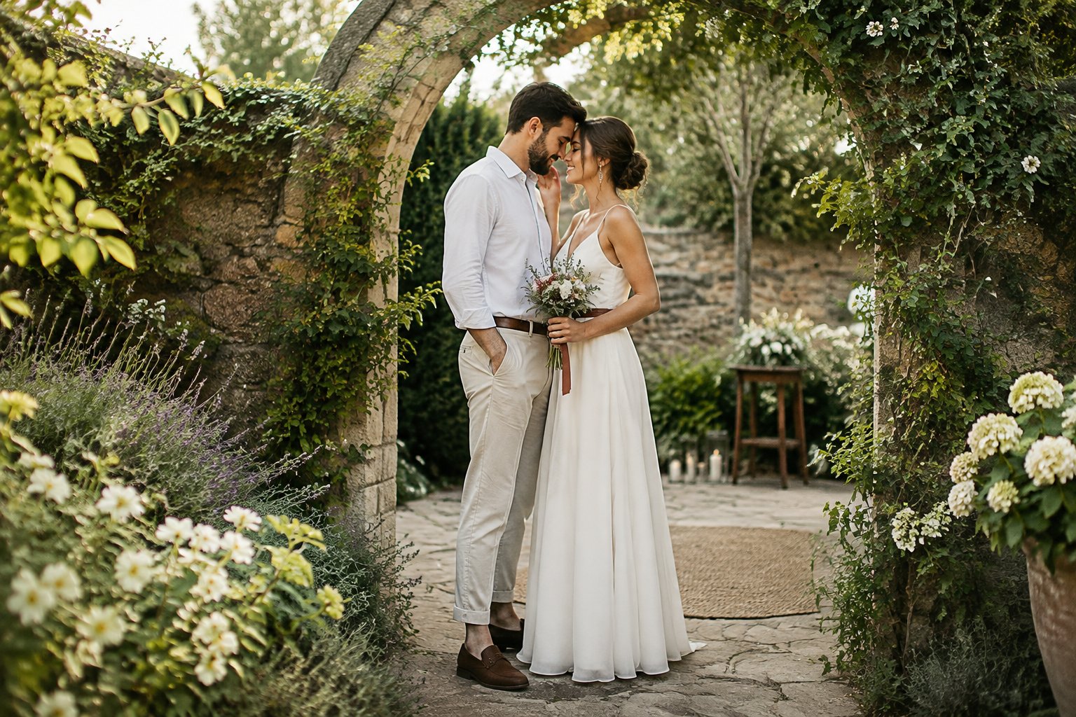 A newlywed couple stands together in a quiet garden courtyard.