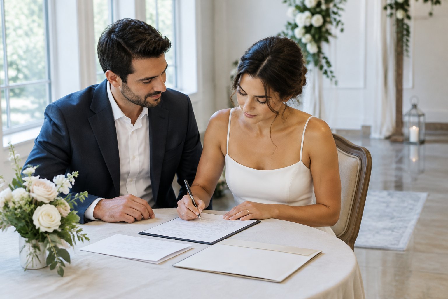 A couple reviews wedding paperwork together at a table in an empty venue.