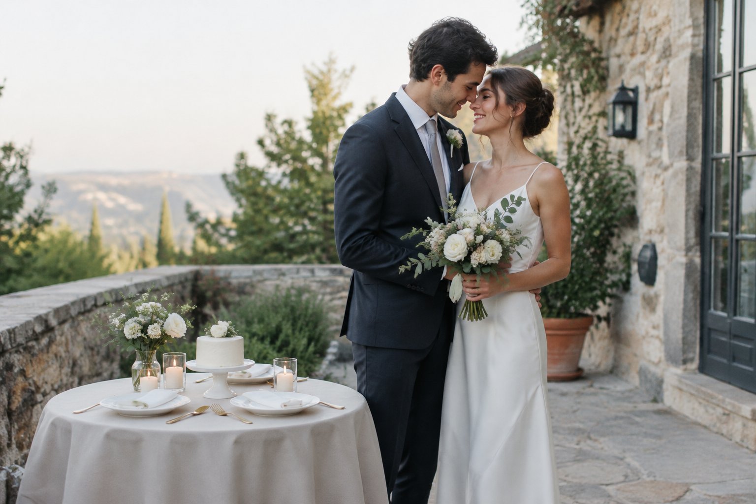 A newly married couple stands alone in a small wedding venue.