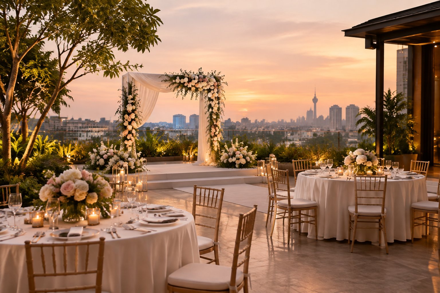 An intimate wedding venue with decorated tables and a floral ceremony arch.
