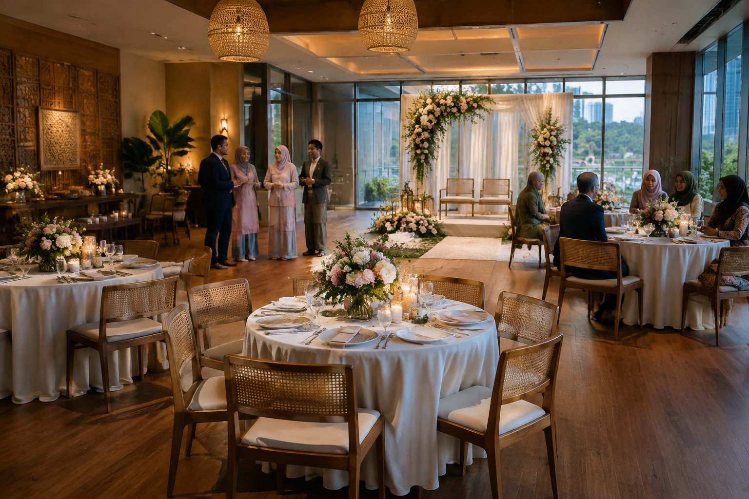 A small wedding reception set up in an elegant venue with guests socializing.