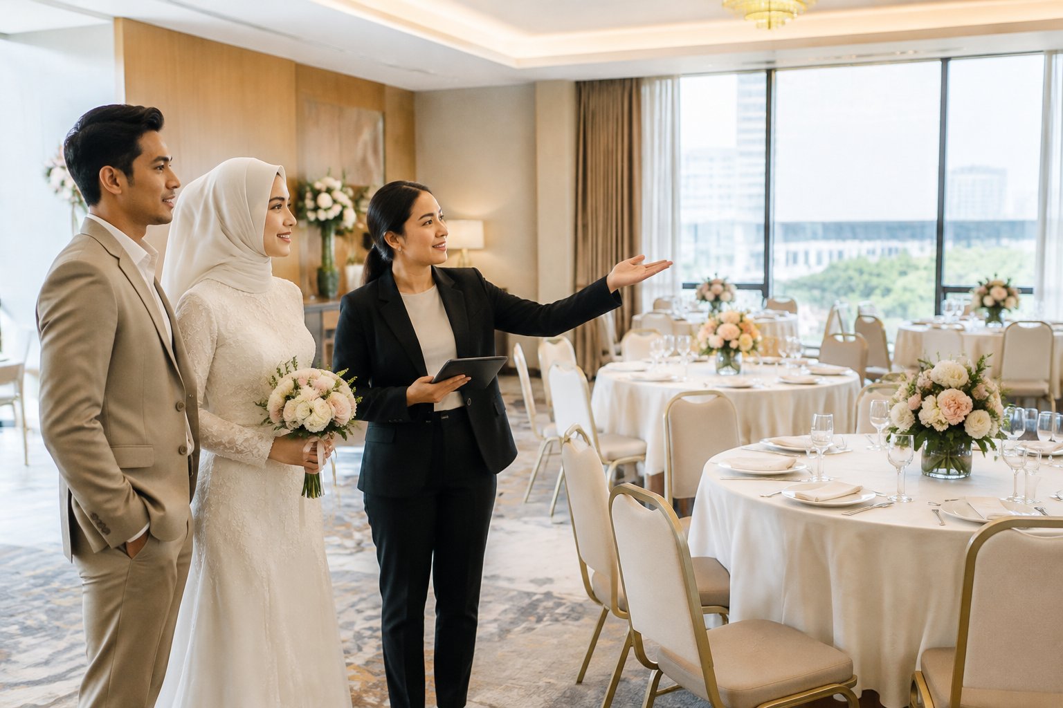 A couple and venue coordinator view a small wedding reception room with neatly arranged tables.