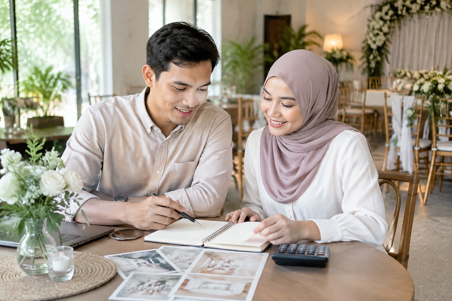 A couple reviews wedding plans at a small table in an intimate venue.