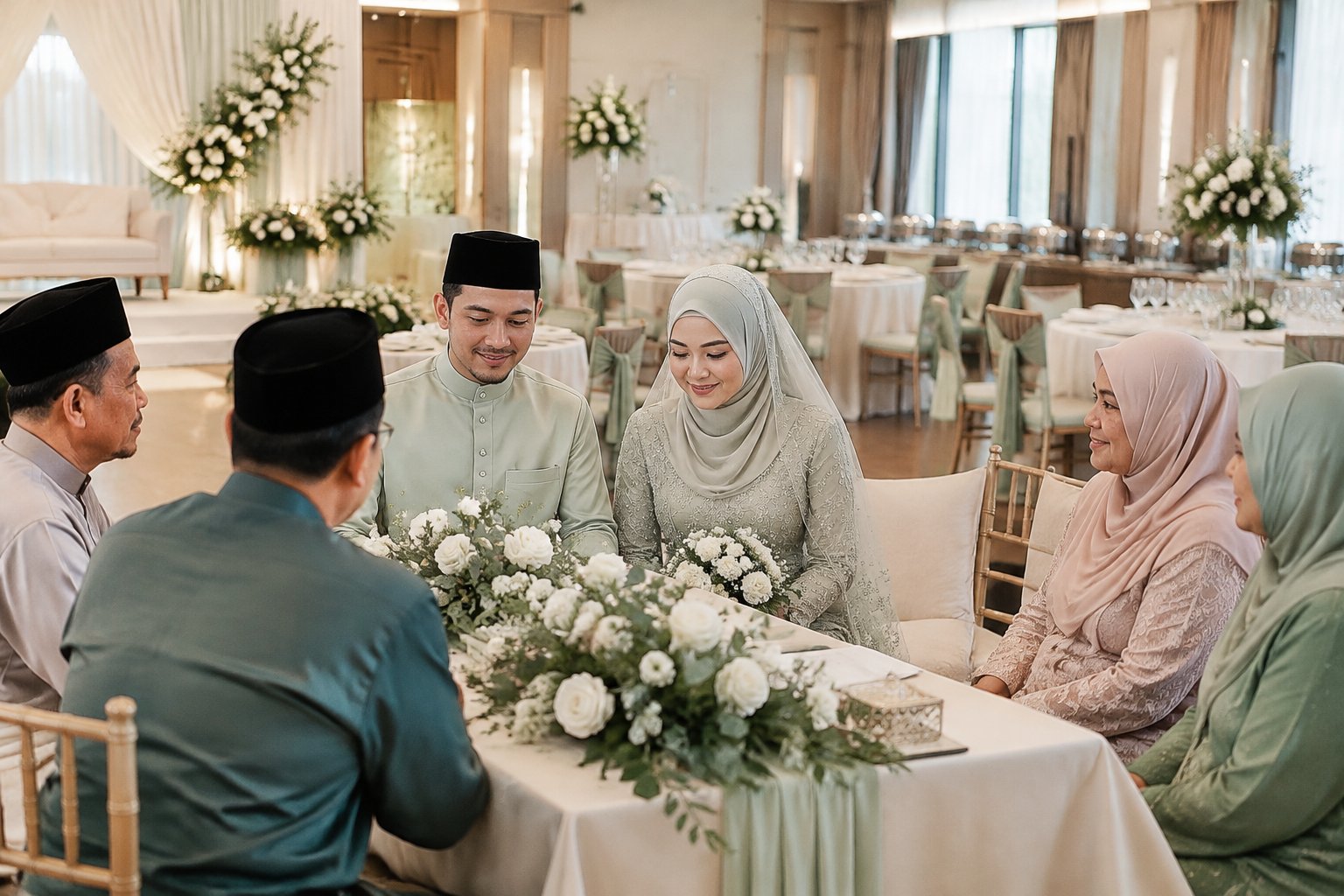 A Malay couple celebrates their wedding with family in an intimate decorated hall.