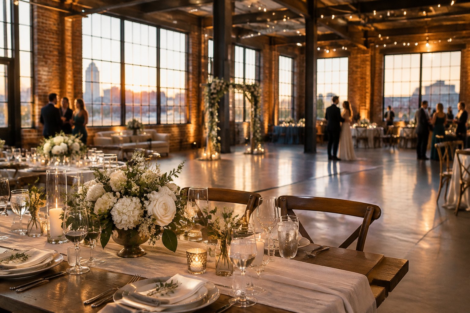 A wedding reception set inside a brick industrial venue.