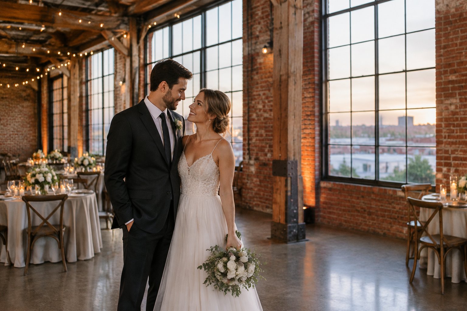 A couple in wedding attire stands inside a brick industrial venue decorated for a wedding.
