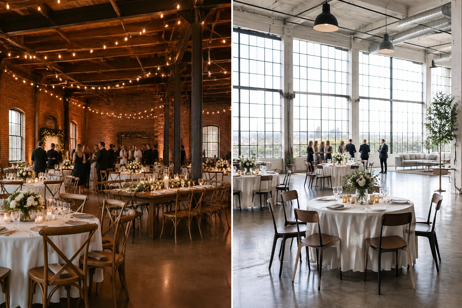Two industrial wedding venues arranged for receptions, with exposed brick, tall windows, and decorated tables.