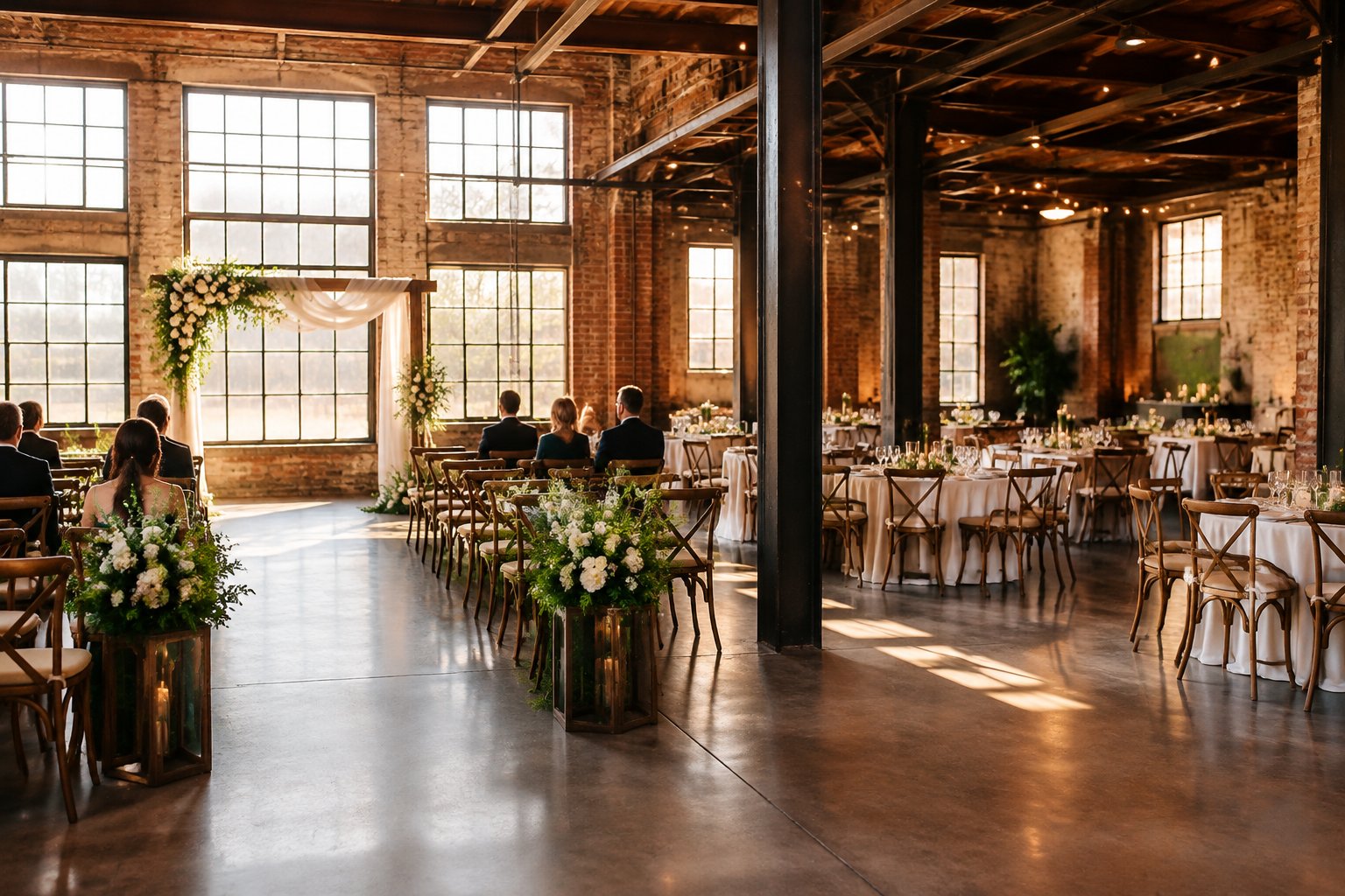A wedding ceremony aisle and reception tables inside a brick industrial venue.