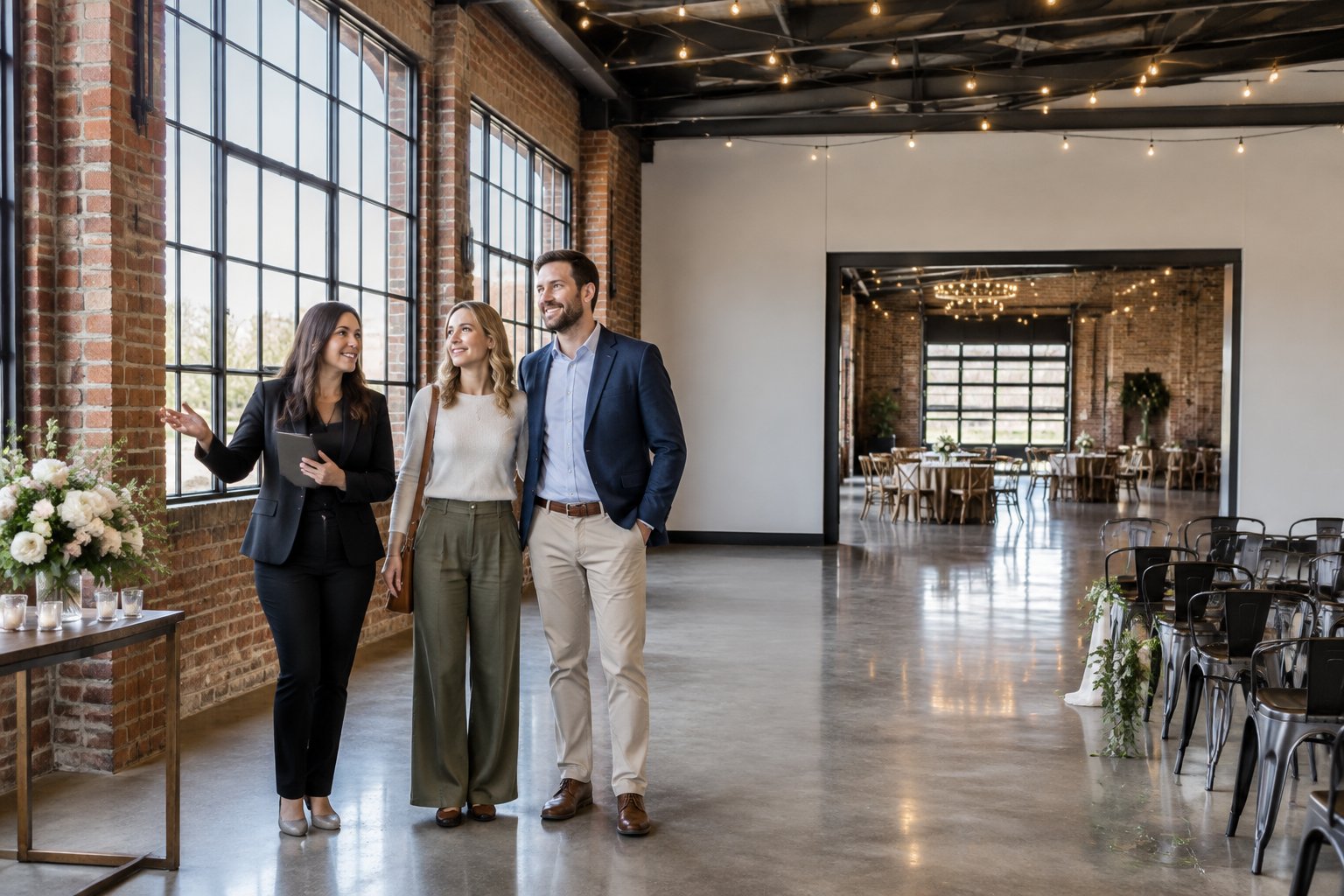 A couple and a wedding planner compare features inside an industrial wedding venue.