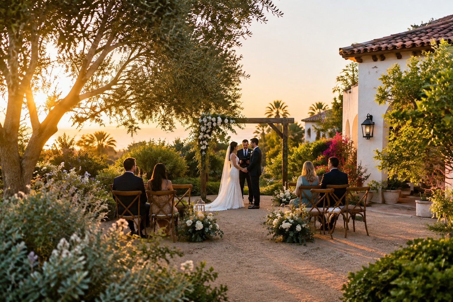 A couple exchanges vows beneath a flower-decorated arch in a garden courtyard as a small group of guests watches.