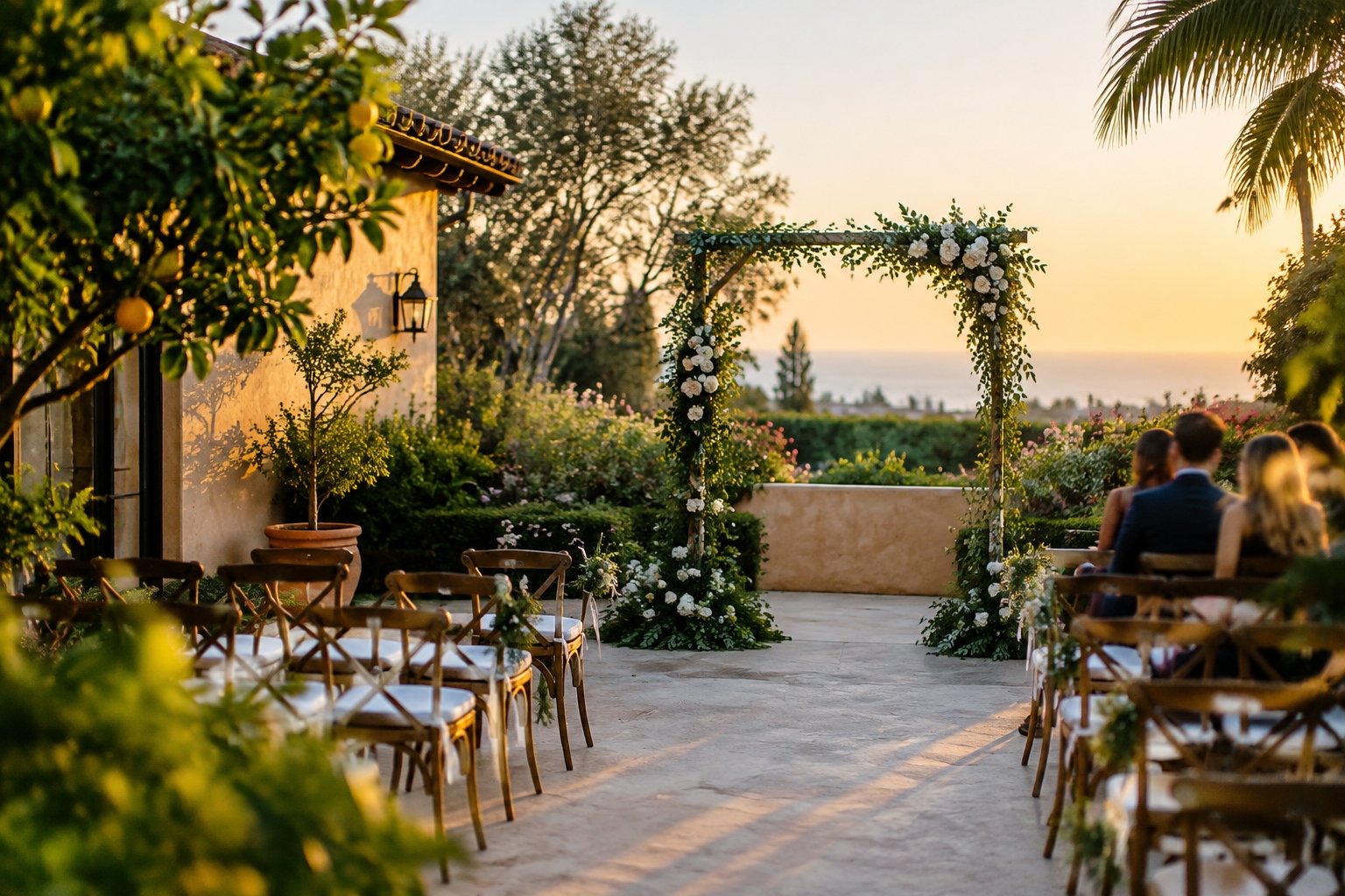 A small wedding ceremony arranged in a garden courtyard.