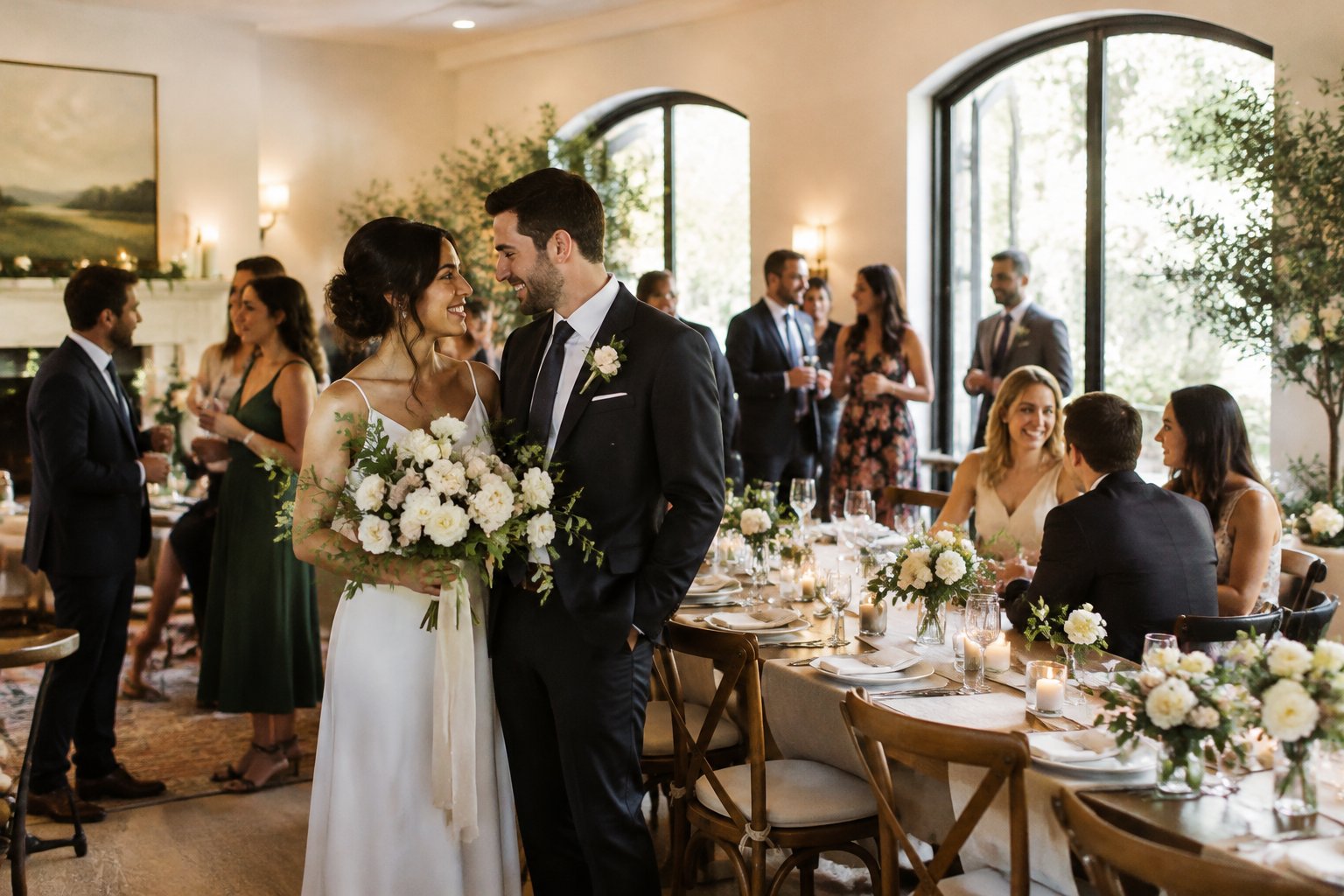 A couple celebrates with guests in a warmly decorated indoor wedding venue.